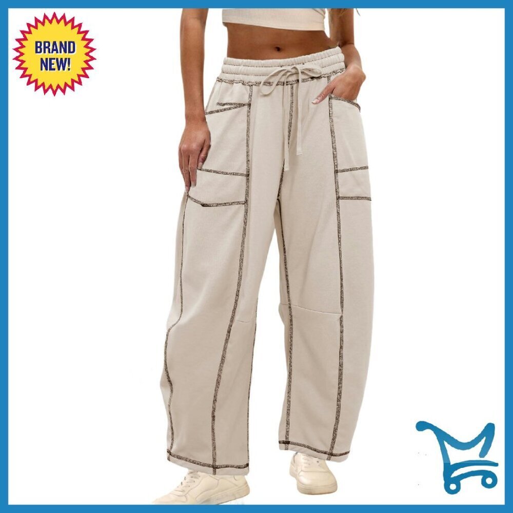 Wide Leg Sweatpants with Drawstring Waist & Pockets - 80% Cotton Lounge Pants